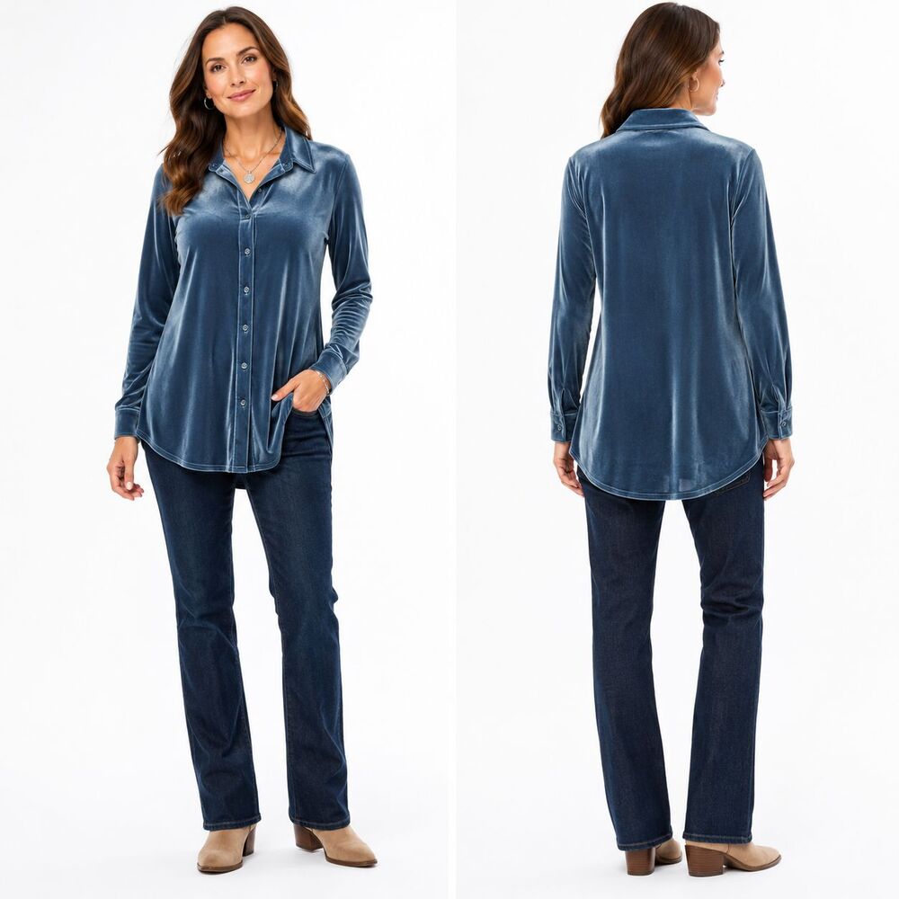 Soft Surroundings Blue Velvet Button Front Shirt Tunic Top Women's XS Stretch